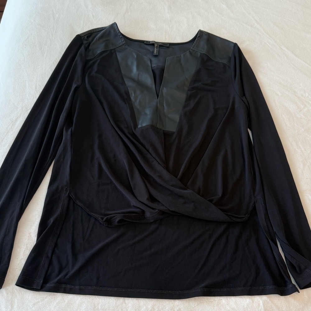 BCBG Maxazria Black Long Sleeve Top with Faux Leather Detail
